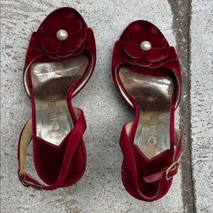 CHANEL Red Velvet Heels with Floral Accent